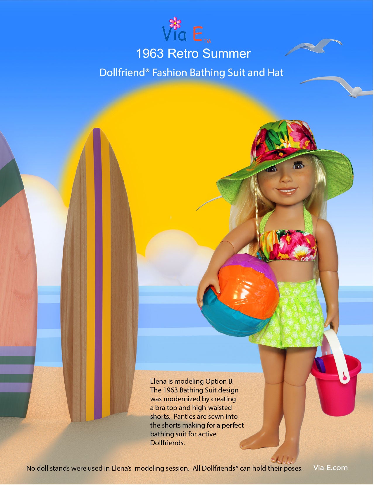 1963 Retro Summer Dollfriend Beach Coat Swimsuit and Floppy Hat Pattern