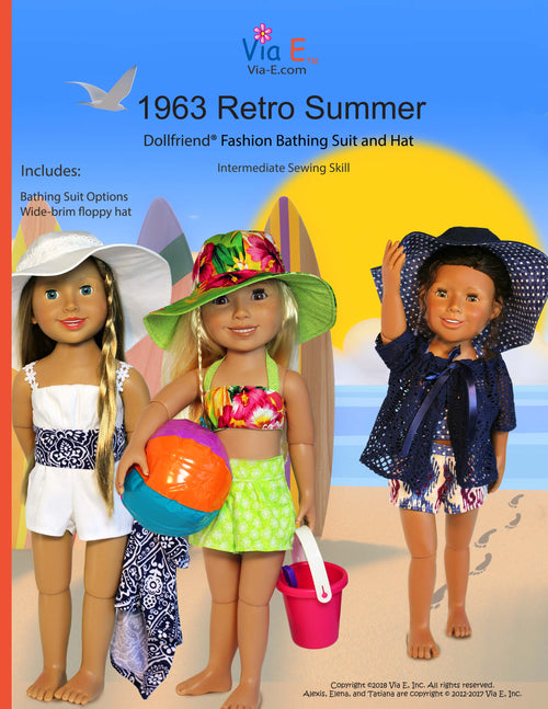 1963 Retro Summer Dollfriend Beach Coat Swimsuit and Floppy Hat Pattern