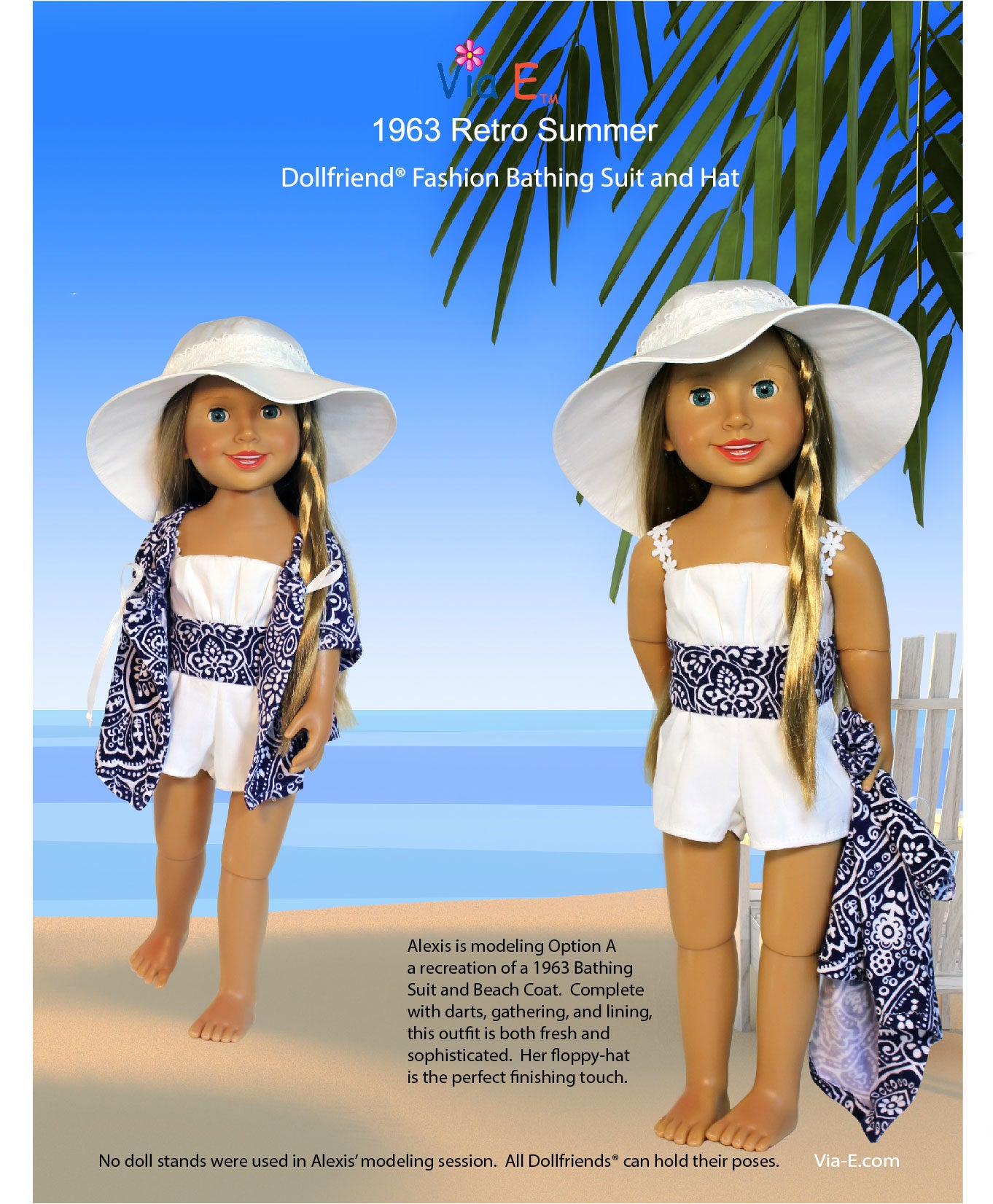 1963 Retro Summer Dollfriend Beach Coat Swimsuit and Floppy Hat Pattern
